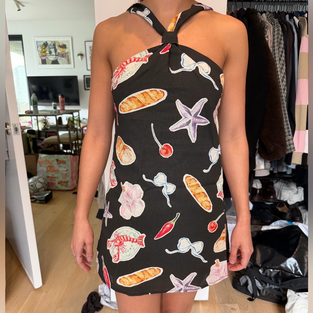 Peppermayo Black Dress with Multicolor Food Print